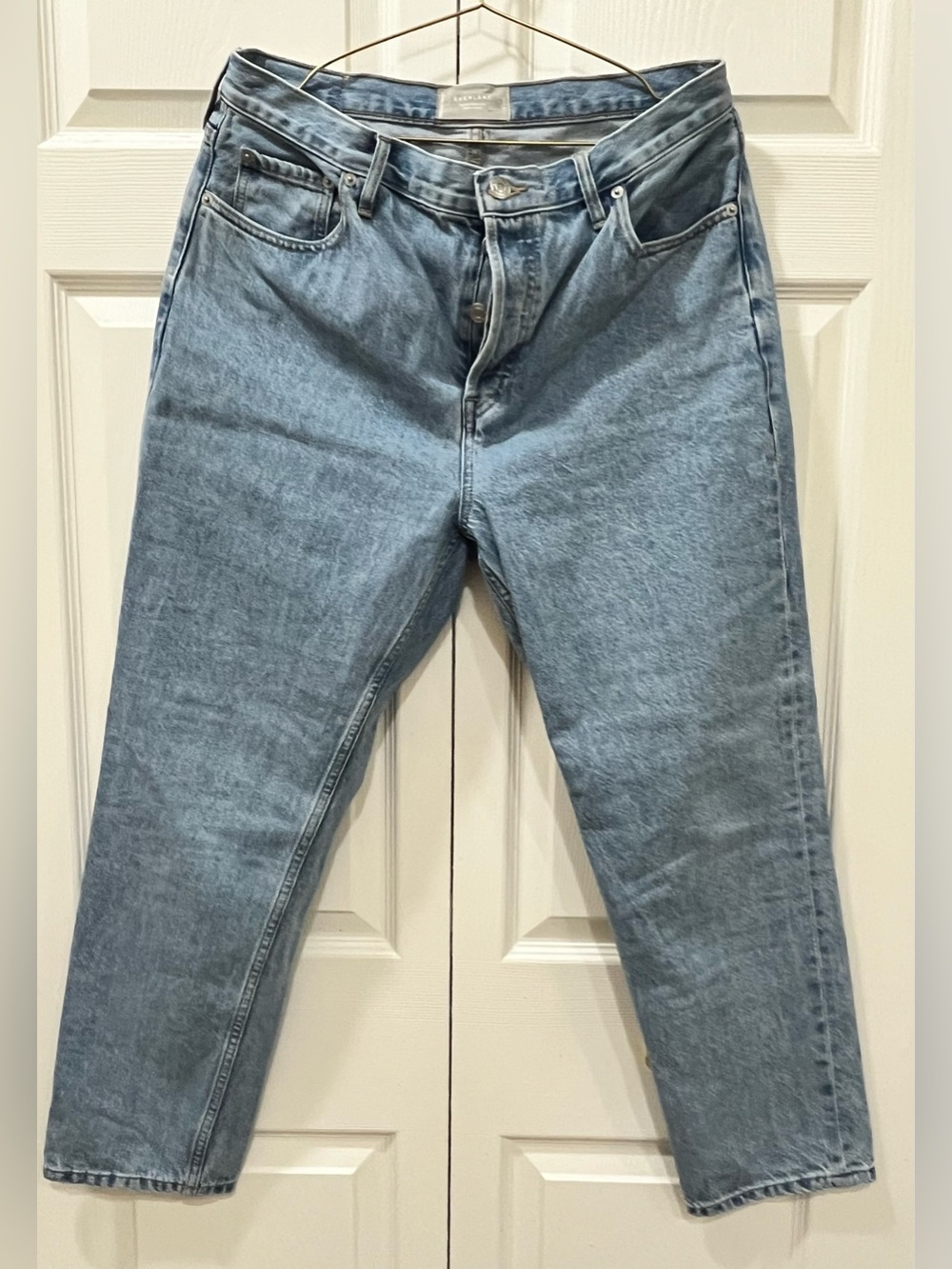 Everlane Medium Wash Straight Leg Denim Jeans Button Fly, size 31 crop.